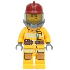 Fireman, Bright Light Orange Fire Suit, Dark Red Helmet, Breathing Apparatus, Airtanks, Stubble and Scar (fig-001440)