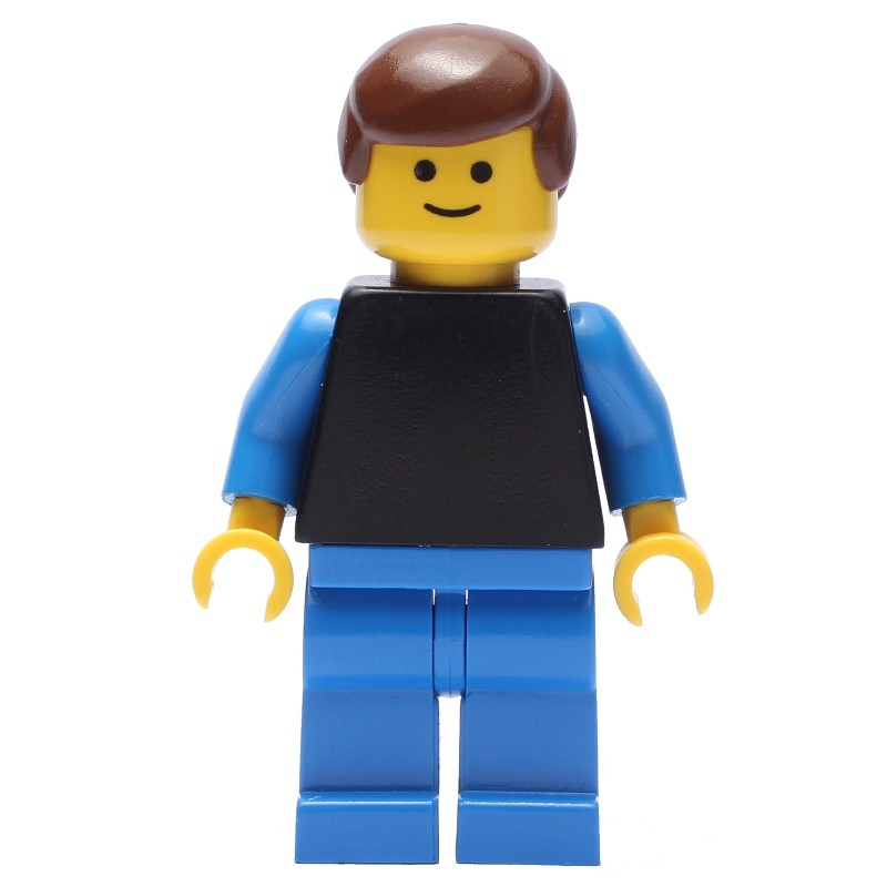 LEGO Set fig-001482 Man, Black Torso with Blue Arms, Blue Legs, Brown ...