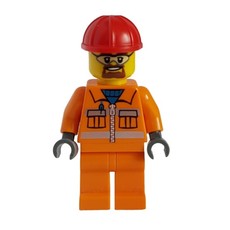 Construction Worker, Orange Jacket with Zipper and Reflective Stripes, Orange Legs, Red Hard Hat, Goatee Beard and Goggles (fig-001499)