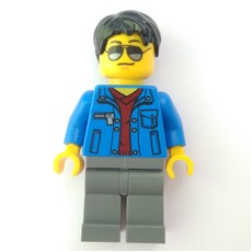 Man, Open Blue Jacket over Dark Red Shirt, Light Bluish Gray Legs, Black Hair, Sunglasses (fig-001564)