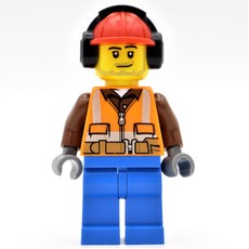 Construction Worker, Orange Safety Vest with Zipper over Reddish Brown Shirt, Blue Legs, Red Hard Hat with Ear Defenders, Stubble (fig-001664)