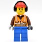 Construction Worker, Orange Safety Vest with Zipper over Reddish Brown Shirt, Blue Legs, Red Hard Hat with Ear Defenders, Stubble