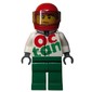 Racer, White and Green Jumpsuit with Large 'Octan', Red Helmet with Visor, Sweat Beads