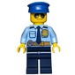 Policeman, Bright Light Blue Shirt with Dark Blue Tie, Badge, and Radio on Belt, Dark Blue Legs, Blue Hat, Sunglasses