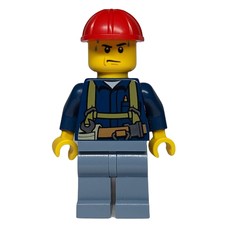 Construction Worker, Dark Blue Shirt with Harness, Red Hard Hat, Sweat Drops (fig-001873)