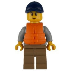 Man, Light Bluish Gray Hoodie over Dark Red Shirt, Dark Tan Legs, Dark Blue Cap, Orange Life Vest (fig-001925)