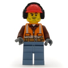 Construction Worker, Orange Safety Vest with Zipper over Reddish Brown Shirt, Sand Blue Legs, Red Hard Hat with Ear Defenders, Stubble (fig-001934)