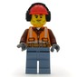 Construction Worker, Orange Safety Vest with Zipper over Reddish Brown Shirt, Sand Blue Legs, Red Hard Hat with Ear Defenders, Stubble
