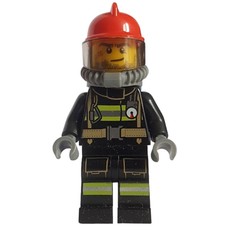 Fireman, Black Fire Suit with Gauge and Straps, Red Helmet, Breathing Apparatus, Airtanks, Stubble and Scar (fig-001982)