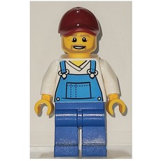 Man, Blue Overalls over White V-Neck Shirt, Dark Red Cap, Beard (fig-001989)