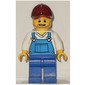 Man, Blue Overalls over White V-Neck Shirt, Dark Red Cap, Beard