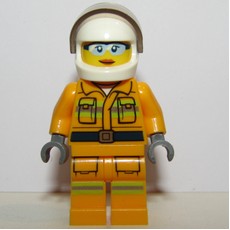 Firewoman, Bright Light Orange Fire Suit, White Helmet with Visor, Light Blue Sunglasses (fig-002043)