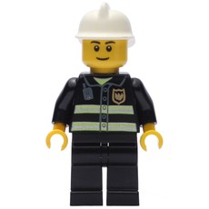 Fireman, Black Fire Jacket with Reflective Stripes, Radio, and Badge, White Helmet (fig-002051)