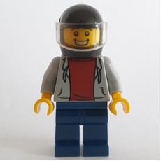Man, Light Bluish Gray Hoodie over Dark Red Shirt, Dark Blue Legs, Black Helmet with Visor (fig-002095)