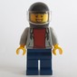 Man, Light Bluish Gray Hoodie over Dark Red Shirt, Dark Blue Legs, Black Helmet with Visor
