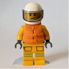 Fireman, Bright Light Orange Fire Suit, White Helmet with Visor, Orange Life Vest (fig-002120)