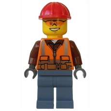 Lumberjack, Orange Safety Vest with Zipper over Reddish Brown Shirt, Sand Blue Legs, Red Hard Hat, Orange Safety Glasses (fig-002132)