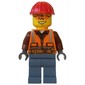 Lumberjack, Orange Safety Vest with Zipper over Reddish Brown Shirt, Sand Blue Legs, Red Hard Hat, Orange Safety Glasses