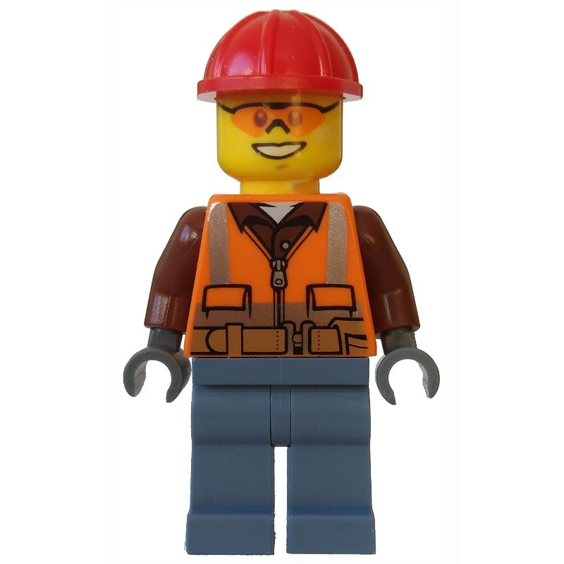 LEGO Set fig-002132 - Vest with Build Rebrickable Safety Shirt, over Reddish Glasses Red Lumberjack, Hard Blue Legs, Sand with Orange Hat, Safety LEGO Zipper | Orange Brown