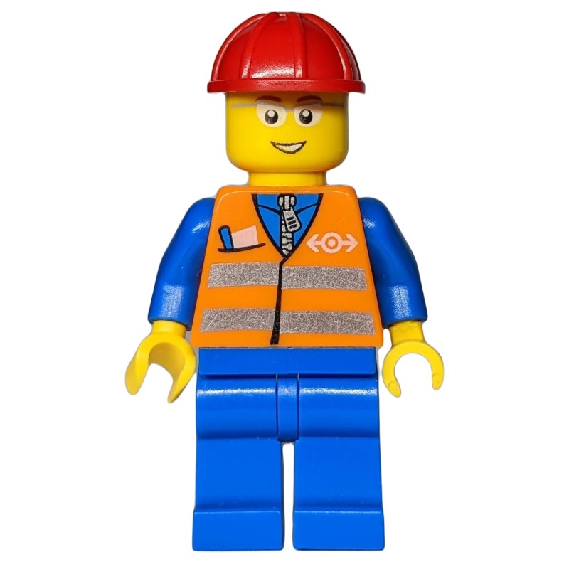 LEGO Set fig-004739 Worker - Orange Safety Vest, Blue Legs, Red Helmet ...