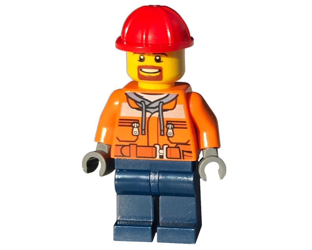 Lego Set Fig-004743 Forklift Driver - Orange Vest, Dark Blue Legs, Red 