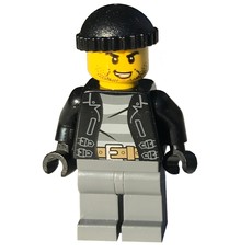 Criminal, Open Black Jacket over Prison Shirt, Dark Bluish Grey Legs, Black Hat, Stubble (fig-004744)