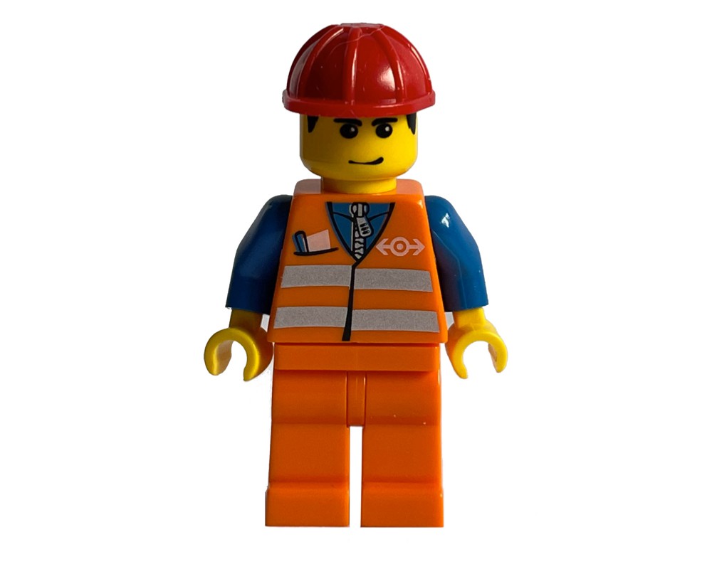 LEGO Set fig-004750 Train Worker - Orange Safety Vest, Orange Legs, Red ...