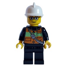 Fireman with Reflective Stripe Vest with Pockets and Radio on Shoulder Strap, White Helmet, and Glasses (fig-005874)