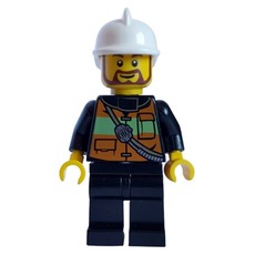 Fireman with Reflective Stripe Vest with Pockets and Radio on Shoulder Strap, White Fire Helmet, and Beard (fig-005875)