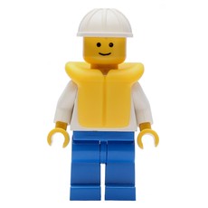 Boat Worker, White Shirt with Anchor, Blue Legs, White Hard Hat, Yellow Life Vest (fig-006708)