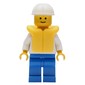 Boat Worker, White Shirt with Anchor, Blue Legs, White Hard Hat, Yellow Life Vest