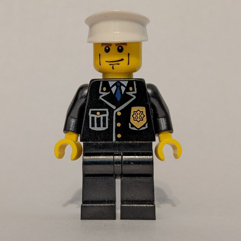 LEGO Set fig-006717 Policeman, Black Suit with Badge, White Hat, Cheek ...