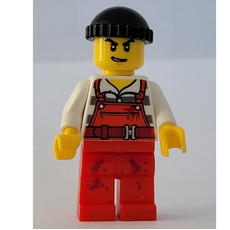 Criminal Joe Frankfurter, Red Overalls over Prison Shirt, Black Hat (fig-006718)