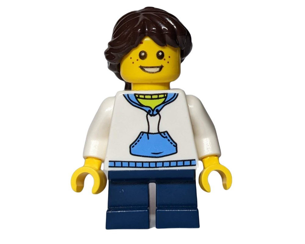 LEGO Set fig-006797 Girl, White Hoodie, Short Dark Blue Legs ...