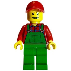 Man, Green Overalls over Red Shirt, Red Cap (fig-006800)