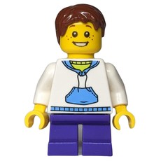 Boy, White and Blue Hoodie, Short Dark Purple Legs, Reddish Brown Hair (fig-006811)