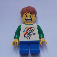 Boy, Floating Classic Spaceman on Shirt, Short Blue Legs, Dark Orange Hair (fig-006821)