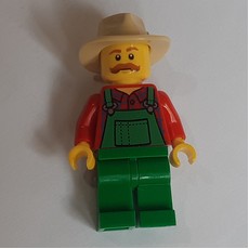 Man, Green Overalls over Red Shirt, Tan Wide Brim Hat (fig-006831)