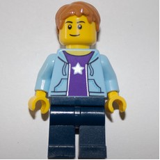 Man, Open Bright Light Blue Hoodie over Dark Purple Shirt with Star, Dark Blue Legs (fig-006835)