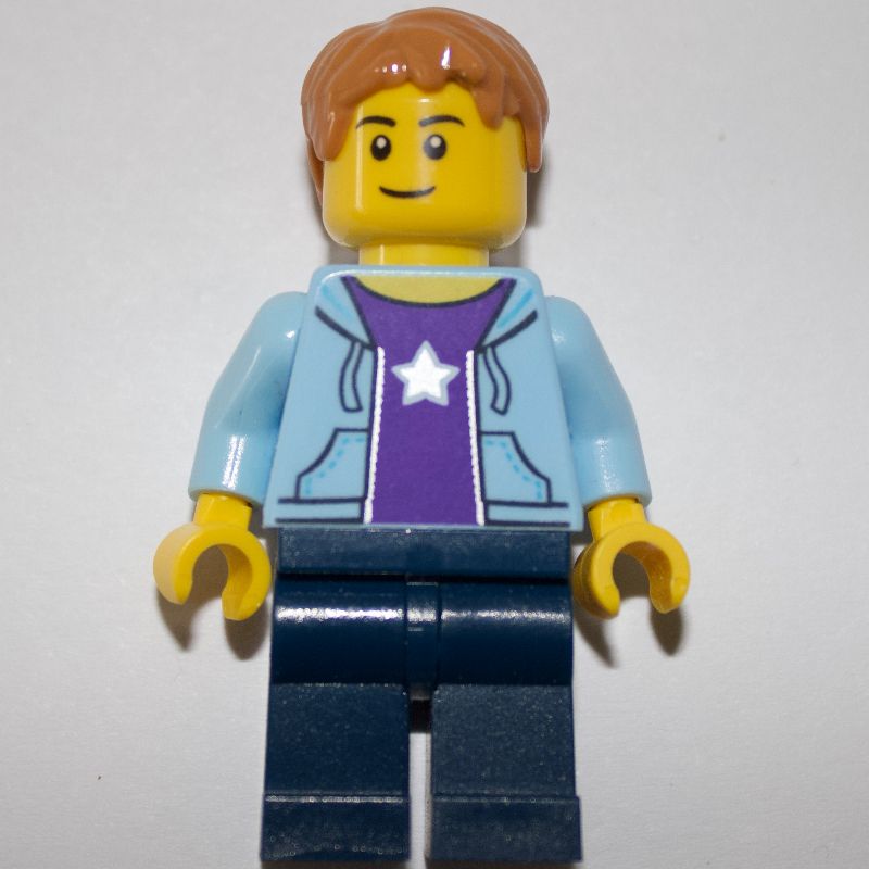 LEGO Set fig-006835 Man, Open Bright Light Blue Hoodie over Dark Purple Shirt  with Star, Dark Blue Legs | Rebrickable - Build with LEGO