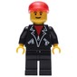 Man, Open Black Jacket over Red Shirt, Black Legs, Red Cap