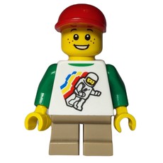 Boy, Floating Classic Spaceman on Shirt, Short Tan Legs, Red Cap (fig-007153)