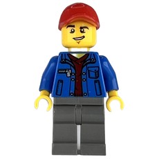 Man, Open Blue Jacket over Dark Red Shirt, Dark Bluish Gray Legs, Red Cap (fig-007233)