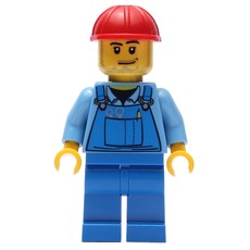 Man, Blue Overalls, Red Hard Hat, Stubble (fig-007236)