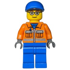 Ground Crew, Orange Jacket with Zipper and Reflective Stripes, Blue Legs, Blue Cap, Glasses (fig-007243)
