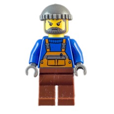 Man, Orange Overalls over Blue Sweater, Reddish Brown Legs, Dark Bluish Gray Hat, Beard (fig-007245)