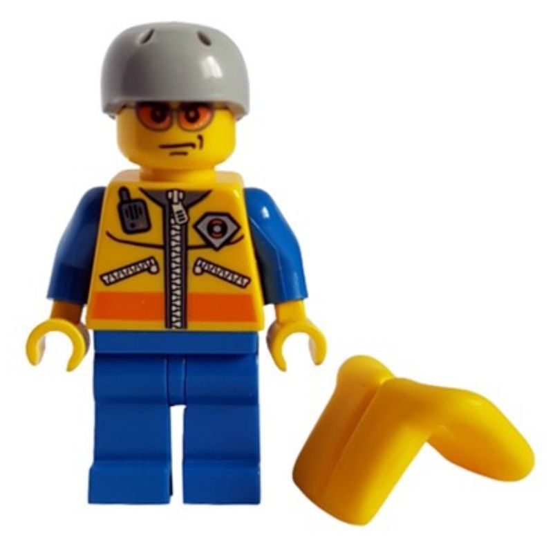 LEGO Set fig-007263 and Badge, Rebrickable with | Vest, Yellow Light Yellow Radio Helmet, - Life Gray Sunglasses Build Zipper, Coast LEGO Jacket Guard, Bluish with Orange