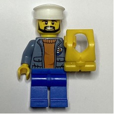 Coast Guard, Open Sand Blue Jacket with Badge over Orange Sweater, White Hat, Yellow Life Vest, Beard (fig-007267)