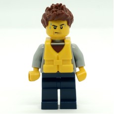 Man, Light Bluish Gray Hoodie over Dark Red Shirt, Dark Blue Legs, Yellow Life Vest (fig-007273)
