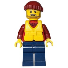 Man, Open Red Jacket over Dark Red Sweater, Dark Red Hat, Yellow Life Vest, Beard (fig-007281)